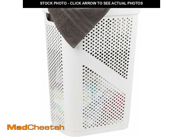 Lot 74-13040510 - Mind Reader Slim Laundry Hamper with Lid, 60L Clothes Basket, Ventilated Plastic, White - UNUSED