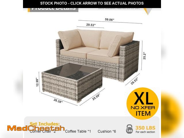 Lot 74-14292659 - Nestle 3 Pieces Wicker Patio Conversation Seating Sofa Set with Beige Cushions and Coffee Table - UN...