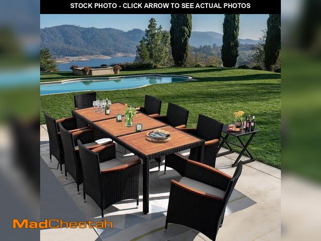Lot 74-12804722 - *ONE BOX ONLY* Tozey 9-Piece Acacia and Wicker Outdoor Dining Set with Beige Cushions *ONE BOX ONLY*...