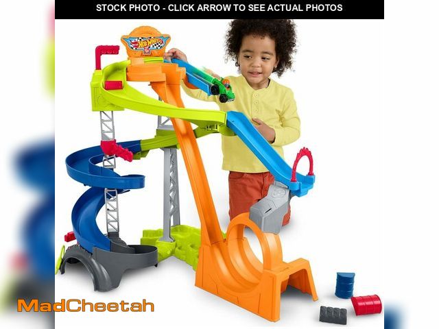 Lot 74-13042070 - Fisher-Price Little People Toddler Toy Hot Wheels Spiral Stunt Speedway Race Track Playset with 2 Ca...