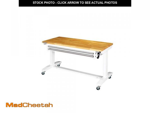 Lot 74-10162601 - Husky 52 in. W x 24 in. D Steel 2-Drawer Adjustable Height Solid Wood Top Workbench Table in White -...
