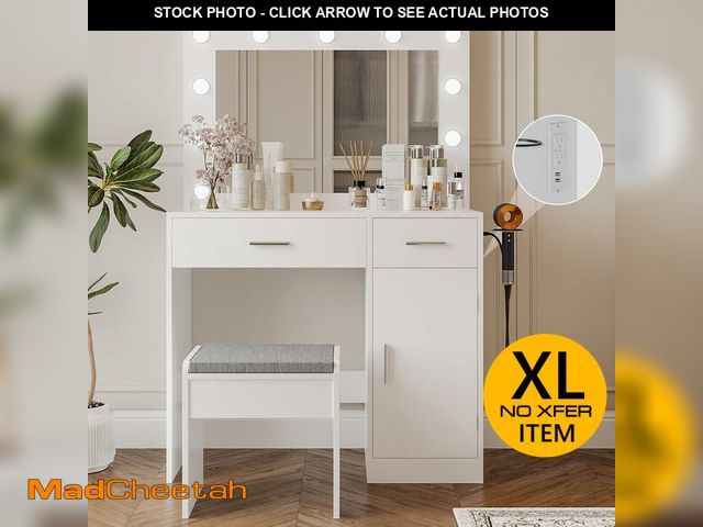 Lot 74-13072273 - Viaozutis Vanity, Vanity Desk with Mirror, Large Drawer and Power Socket with 11 Light Bulbs and 3 A...