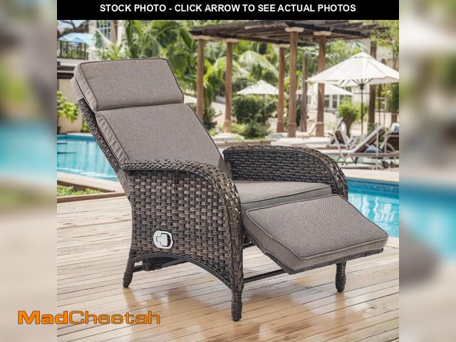 Lot 74-12584857 - moosprr Brown 1-Piece Wicker Outdoor Recliner with Olefin Gray Cushions and Flat Armrests Patio Chai...