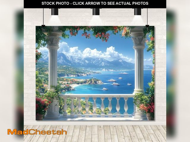 Lot 74-12717431 - Summer Beach Sea Backdrop 10x8ft Italy Costal Garden Terrace Photo Backdrops Boat City Scenery Photo...