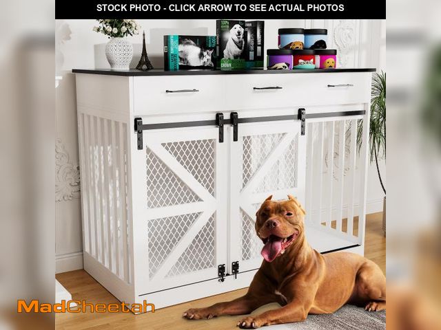 Lot 74-12153089 - kepptory 48'' Dog Crate Furniture with Removable Divider &amp; Storage Drawers, Wooden Double Dog Ca...