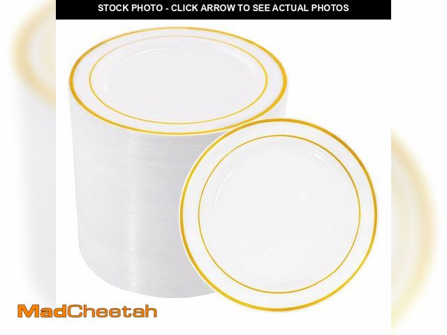 Lot 74-14145615 - bUCLA 100Pieces Gold Plastic Plates - 6.25inch White with Gold Rim Disposable Salad/Dessert/Appetize...