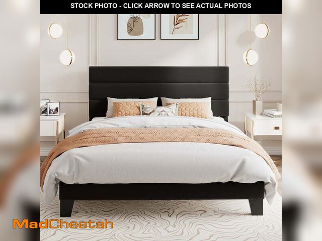 Lot 74-13054274 - Amolife Queen Bed Frame, Platform Bed Frame with Velvet Upholstered Headboard, Black - UNUSED