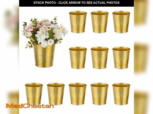 Lot 74-12715474 - NUPTIO Gold Galvanized Vases for Centerpiece: 12 Pcs 5" Small Ribbed Vases for Flowers Bulk Metal Bu...