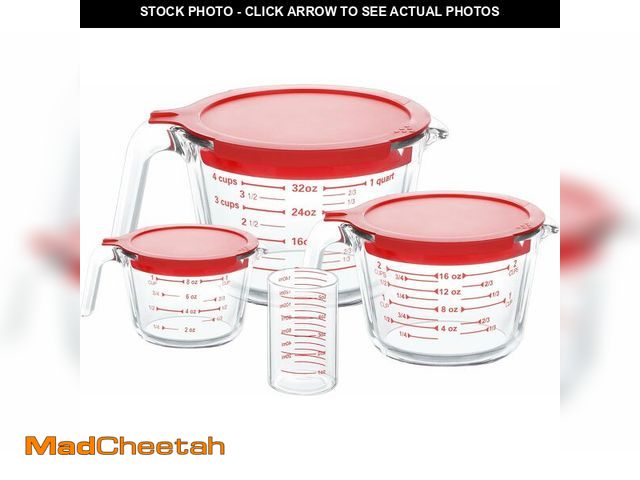 Lot 74-13626757 - KOMUEE 4 Piece Glass Measuring Cups Set, 5 Oz, 1-Cup, 2-Cup, 4-Cup Liquid Measuring Cups with Lids f...