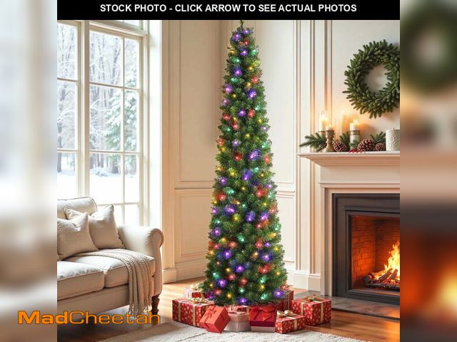 Lot 74-12889433 - 6.5ft Pre-Lit Pencil Christmas Tree, Artificial Xmas Tree with 150 Dual-Color LEDs, 10 Lighting Mode...