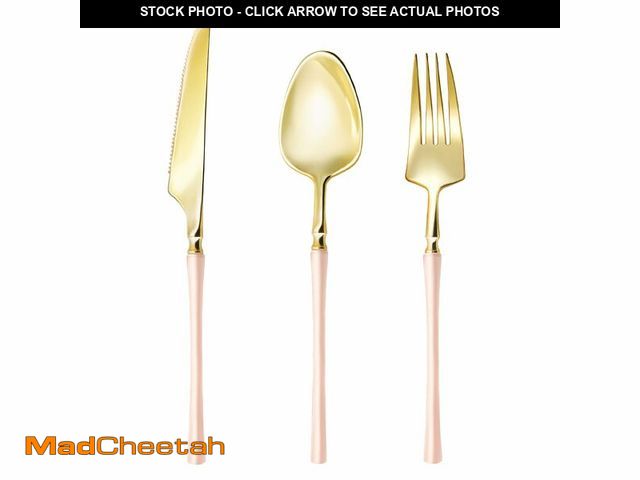 Lot 74-13571664 - Lullaby 150pcs Gold Plastic Silverware, High End Disposable Cutlery with Pink Handle Include 50 Fork...