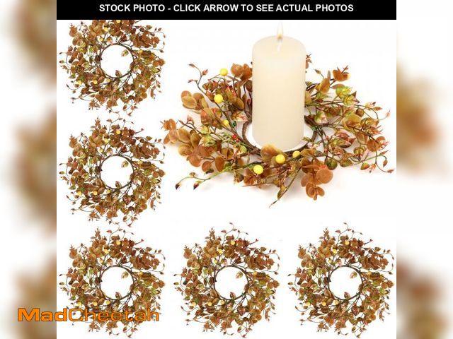 Lot 74-12302747 - 6 Pcs Fall Mini Candle Rings Wreaths Artificial Yellow Eucalyptus Leaves Pillar Candle Holders Wreat...