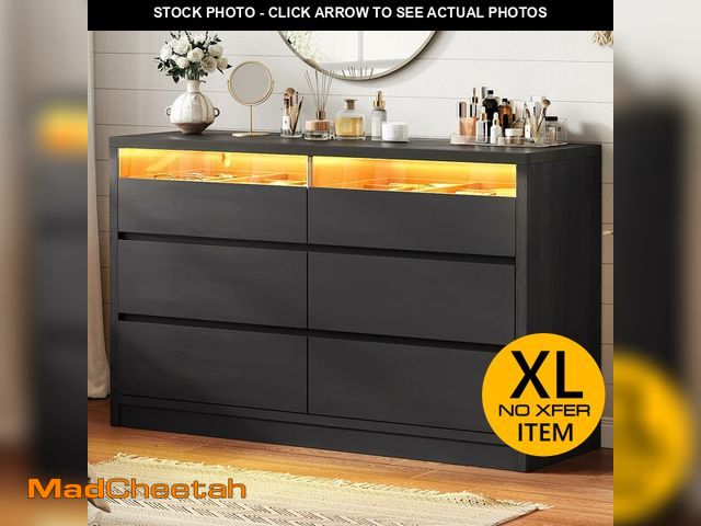 Lot 74-12786825 - Jocoevol Modern Black LED 6 Drawer Dresser for Bedroom, Large Chest of Drawers with Hidden Handles, ...