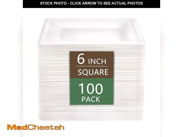 Lot 74-12118726 - Nervure 100 Pack Compostable Paper Plates - 6 Inch White Square Biodegradable Plates Heavy Duty Natu...