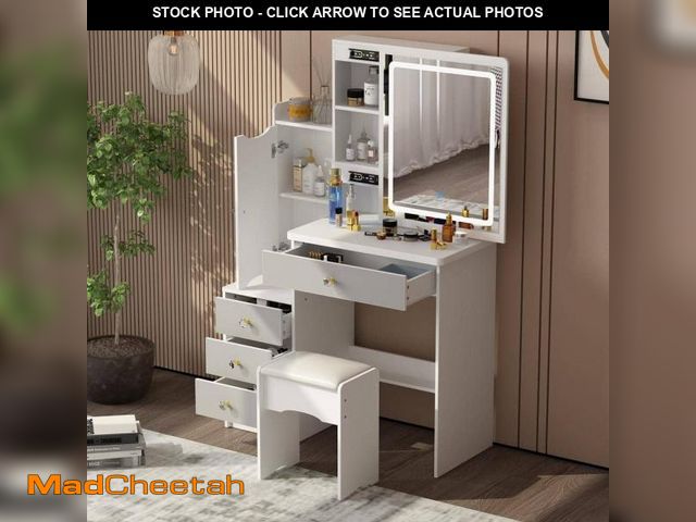 Lot 74-12251338 - FUFU&amp;GAGA 4-Drawers White Wood Makeup Vanity Sets Dressing Table Sets with Stool, Mirror, LED Li...