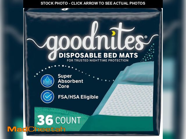 Lot 74-13927092 - Goodnites Disposable Bed Pads/Bed Mats for Bedwetting, 2.4 x 2.8 ft, 36 Ct (4 Packs of 9) - UNUSED