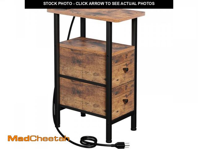 Lot 74-12309516 - LOAKEKEL Narrow End Table Living Room with Charging Station, Skinny Side Table with Fabric Drawers, ...