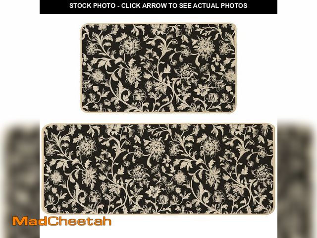 Lot 74-13947660 - Baccessor Black White Floral Kitchen Mats Set of 2,Monochrome Sketch Retro Vintage Flowers Kitchen R...