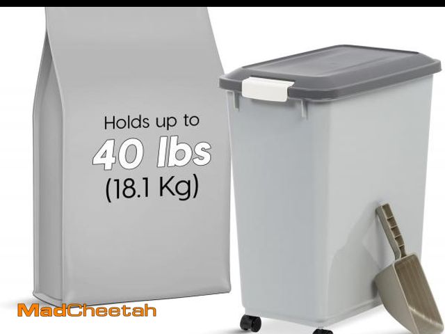 Lot 74-12137024 - IRIS USA Dog Food Storage Container with Wheels, Airtight Lid, 2-Cup Scoop, Up to 30 Pounds Pet Food...