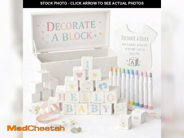 Lot 74-14270615 - Nolia Baby Shower Blocks Decorating Game Ã¢â¬â 48 White Wooden Cubes to Decorate, Storage Box, 12...
