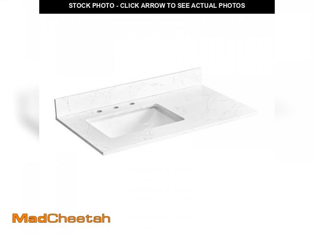 Lot 74-12278181 - LOCALAND 36x22 Bathroom Vanity Top with Sink, Belly White Engineered Stone Countertop, Left Offset U...