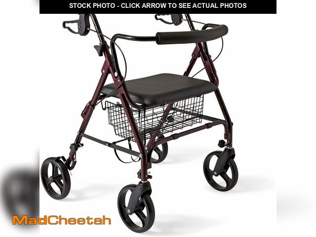 Lot 74-13844680 - Medline Large Extra Wide Aluminum Bariatric Rollator Walker with Seat, Burgundy, 400 lb. Weight Capa...