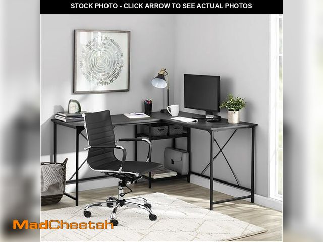 Lot 74-12427805 - (MISSING HARDWARE) Mainstays Two-Way Convertible Desk with Lower Storage Shelf  Black Wood Grains Fi...