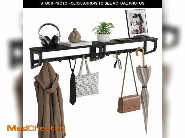 Lot 74-13628090 - NANAGIFTREE Coat Rack Wall Mount, Wood Wall Shelf with Hooks, Coat Hanger Wall Mount with 4 Metal Ho...