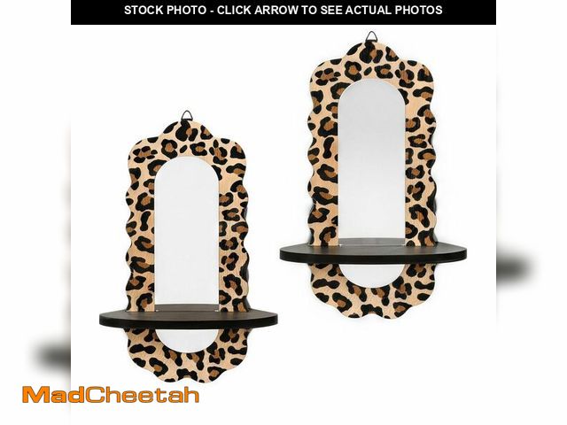 Lot 74-14336155 - Konnieem 2 Pack Leopard Print Wall Mirror with Small Floating Shelves, Wall Mounted Wooden Shelf Dec...