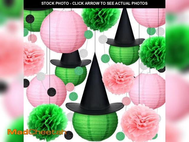 Lot 74-12441782 - Rossesay DIY Witch Party Decorations Set 10 Inch Green and Pink Paper Lanterns Hanging Pom Poms Hats...