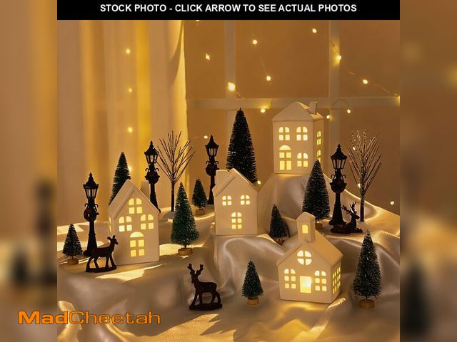 Lot 74-12702634 - Ktinnead 22 Pcs Ceramic Christmas Village Sets, 4 LED Lighted Christmas Village Houses with Xmas Tre...