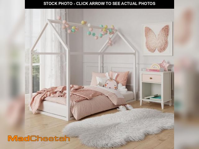 Lot 74-12133457 - Little Seeds Skyler Montessori-Style House Floor Bed Frame for Kids and Toddlers, Metal Canopy Frame...