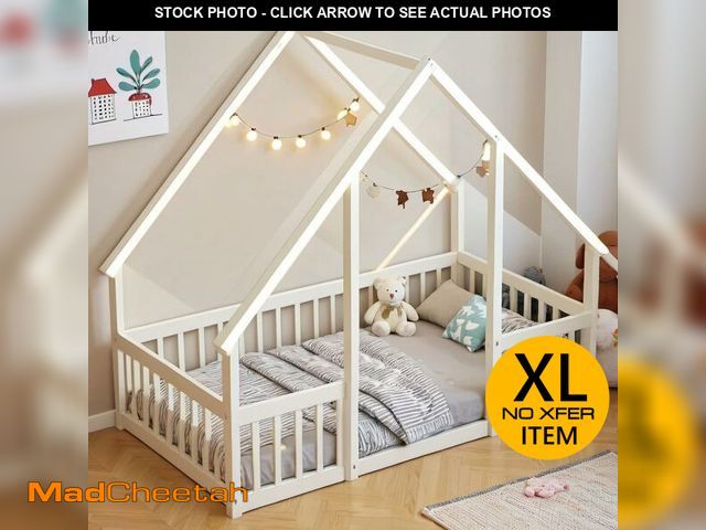 Lot 74-13643219 - PVWIIK Montessori House Twin Size Floor Bed with Fence &amp; Guardrails for Kids Girls Boys,Solid Wo...