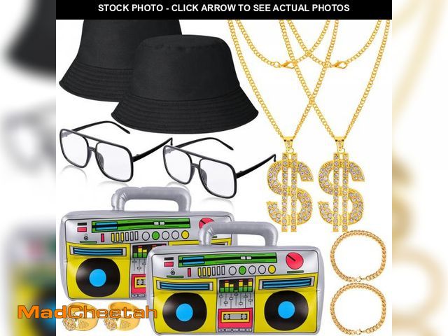 Lot 74-11559233 - YAROMO Hip Hop Costume Kit, 12 PCS 80s/ 90s Rapper Accessories, Sunglasses Bucket Hat Boom Box Rappe...