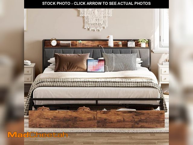 Lot 74-11771519 - LIKIMIO King Size Bed Frame, Storage Headboard with Charging Station, Platform Bed with Drawers, No ...