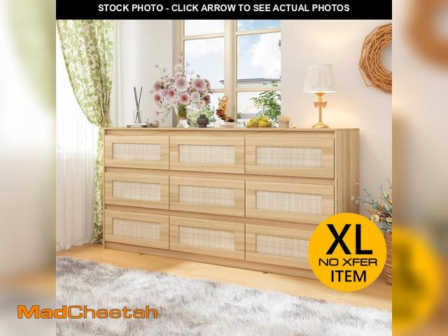 Lot 74-12557914 - FUFU&amp;GAGA Rattan Wood Finish 9-Drawer 62.9 in. x 15.7 in. x 31.9 in. Dresser, Wooden Chest of Dr...