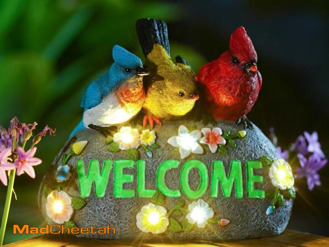 Lot 74-12313079 - Solar Birds Welcome Sign - Outdoor Bird Decor with Solar LED Lights - Elegant and Charming Figurines...