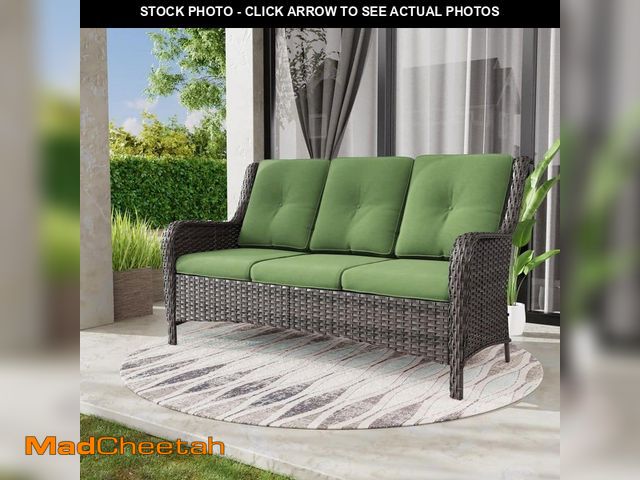 Lot 74-14115281 - 3-Seat Wicker Outdoor Patio Sofa Couch with Green Cushions - UNUSED