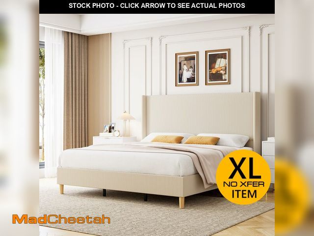 Lot 74-13092349 - IDEALHOUSE Queen Size Corduroy Upholstered Bed Frame, Platform Bed with 51" Tall Vertical Stripe Win...