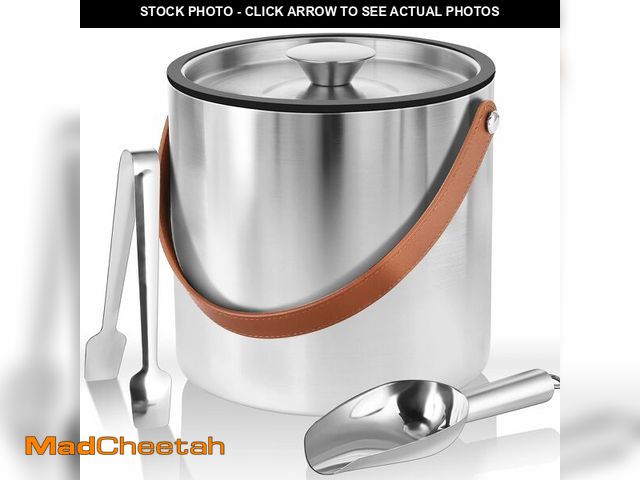 Lot 74-12709608 - Bakpoco Double-Wall Vacuum Insulated Ice Bucket with Lid, Scoop, Ice Tong, Strainer &amp; Leather Ha...