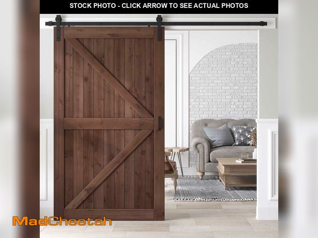 Lot 74-13936499 - ROYMELO 48x80 inch Sliding Barn Wood Door Slab with 8ft Hardware Kit and Handle, Coffee, K Shape, Si...
