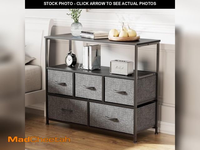 Lot 74-12420145 - ZUNMOS TV Stand with 5 Drawer Dresser Open Shelves, Fits TV up to 45 Inches, Grey - UNUSED