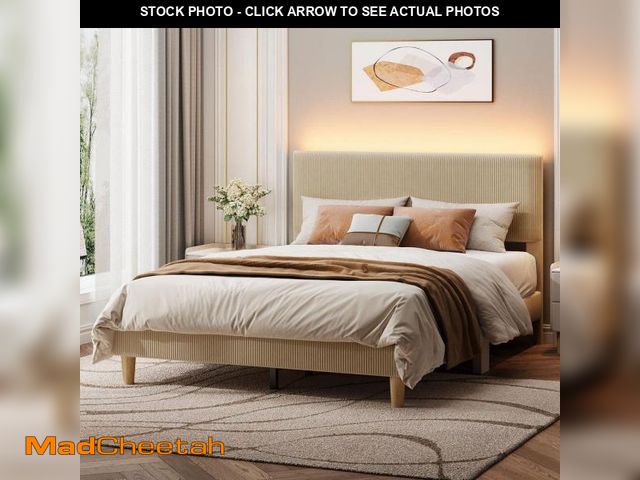 Lot 74-12173691 - Bestier Light Brown Taupe Wood Frame Queen Platform Bed Upholestered Headboard with LED Lights - UNU...