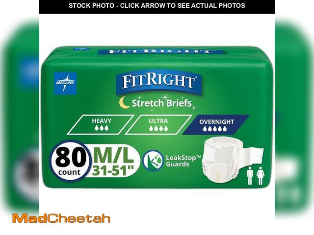 Lot 74-13793973 - FitRight Extended Wear Stretch Briefs, Overnight Adult Diapers with Tabs, Size 1 (Case of 80) - UNUS...