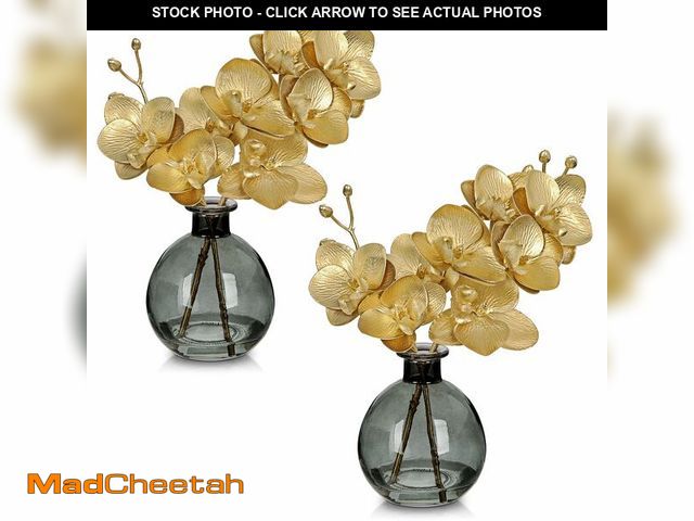 Lot 74-14479173 - Oairse Gold Orchids Artificial Flowers Faux Orchid Arrangement with Black Glass Vase Set of 2 Real T...