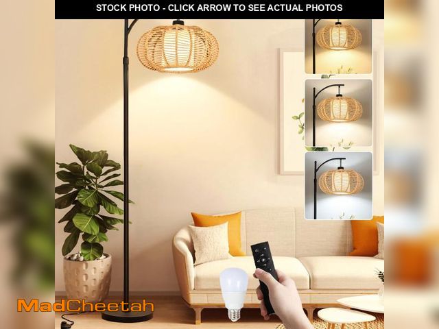 Lot 74-12315738 - ZECOXOL Arc Floor Lamps for Living Room Bedroom Rattan Boho Floor Lamp with Remote Control,Dimmable ...