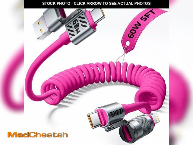 Lot 74-12702195 - Jixivor Coiled Pink Cable 4-in-1 USB C Cable 60W Compatible with Lightning Cable Fast Charging &amp;...