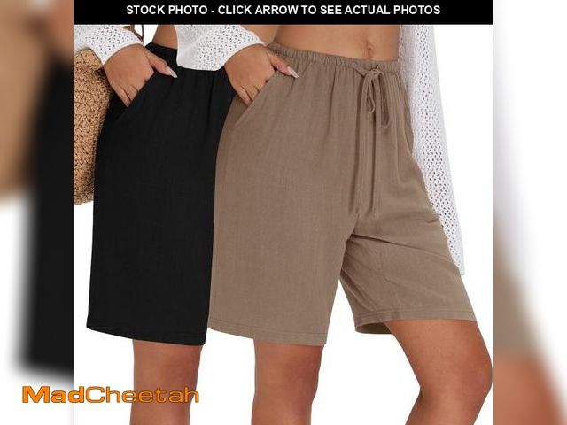 Lot 74-12329769 - Neer 2 Pack Linen Women's Shorts High Waisted Casual Bermuda Wide Leg Drawstring with Pocket Knee Le...