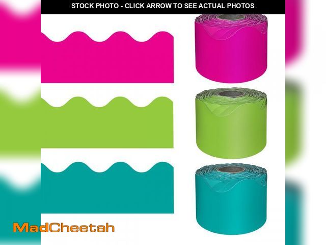 Lot 74-12304682 - Carson Dellosa 3 Rolls of 195 Ft Scalloped Bulletin Board Borders, Lime Green, Hot Pink, and Teal Cl...