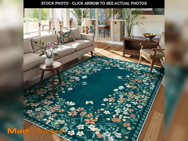 Lot 74-14348443 - Wonnitar Washable 8x10 Area Rug, Non-Slip Teal Green Floral Rugs for Living Room, Low Pile Soft Bedr...
